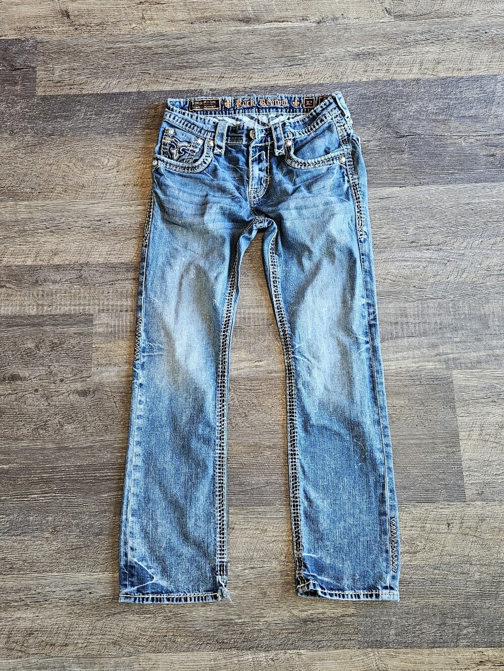 Rock Revival KENT Straight Fit Jeans Embroudered Pockets Men 32x30